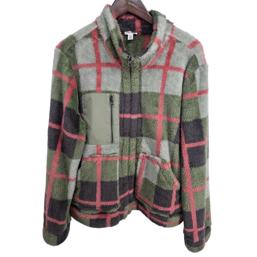 Tribal Sherpa Fleece Plaid Jacket Green Pink Size XL